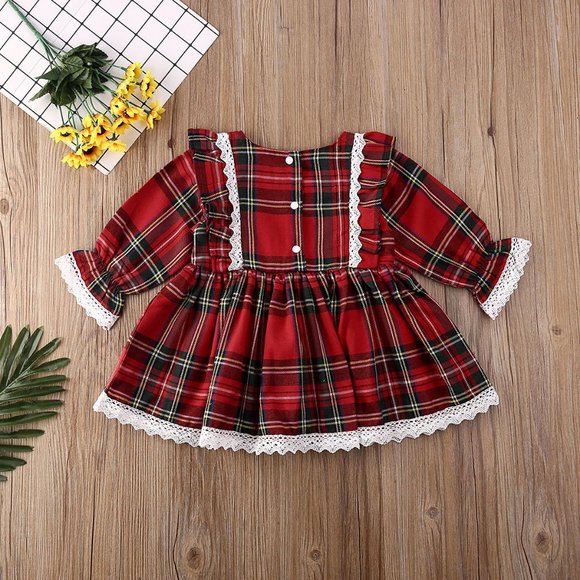 Christmas Red PLaid Girls Long Sleeve Ruffle Dress - Picture 2 of 3